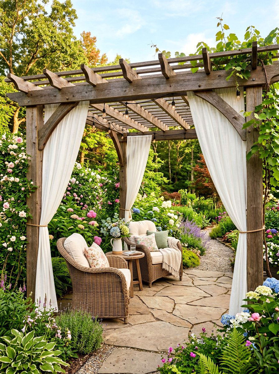 Rustic Wood Pergola With Curtains - 30 poolside pergola lounge ideas