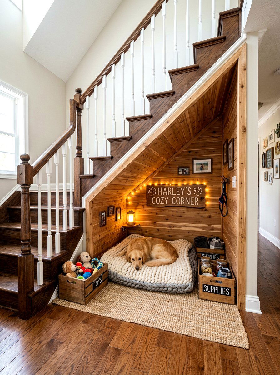 Rustic Wood Pet Haven - 30 under staircase pet nook ideas