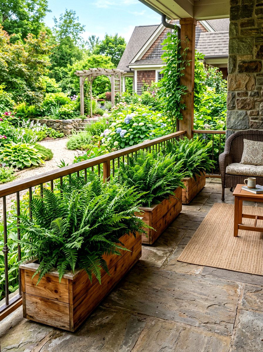 Rustic Wood Planter Ferns - 30 fern filled front porch ideas