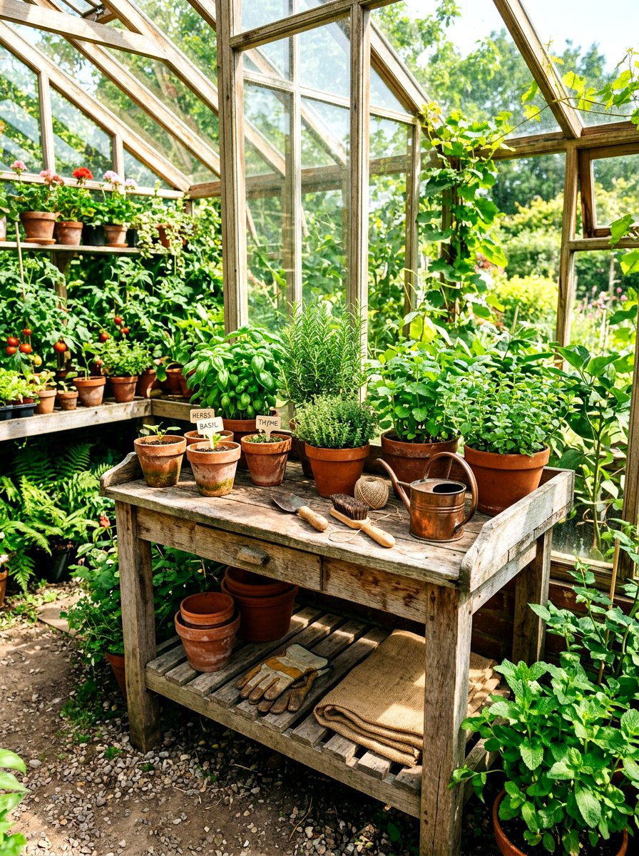 Rustic Wood Potting Bench - 30 greenhouse potting bench ideas