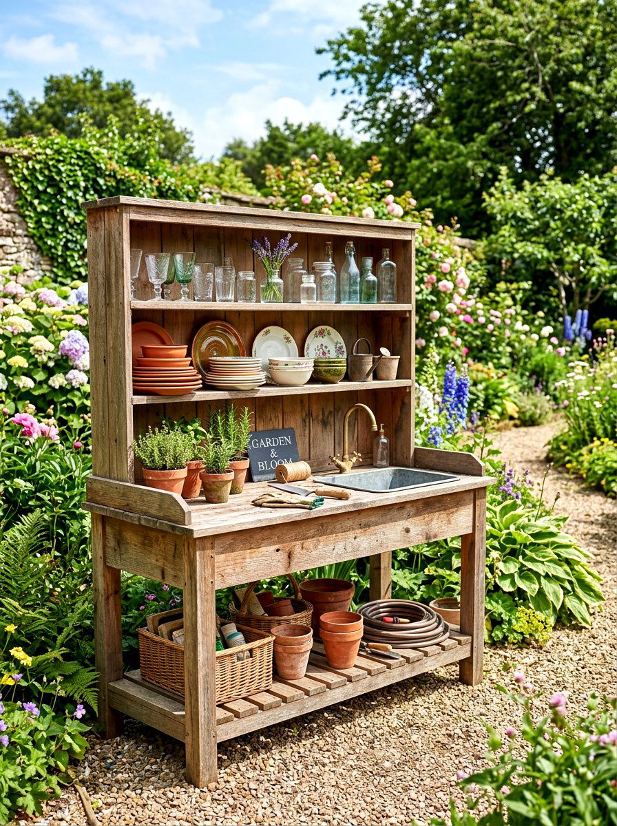 Rustic Wood Potting Bench - 30 outdoor buffet table ideas