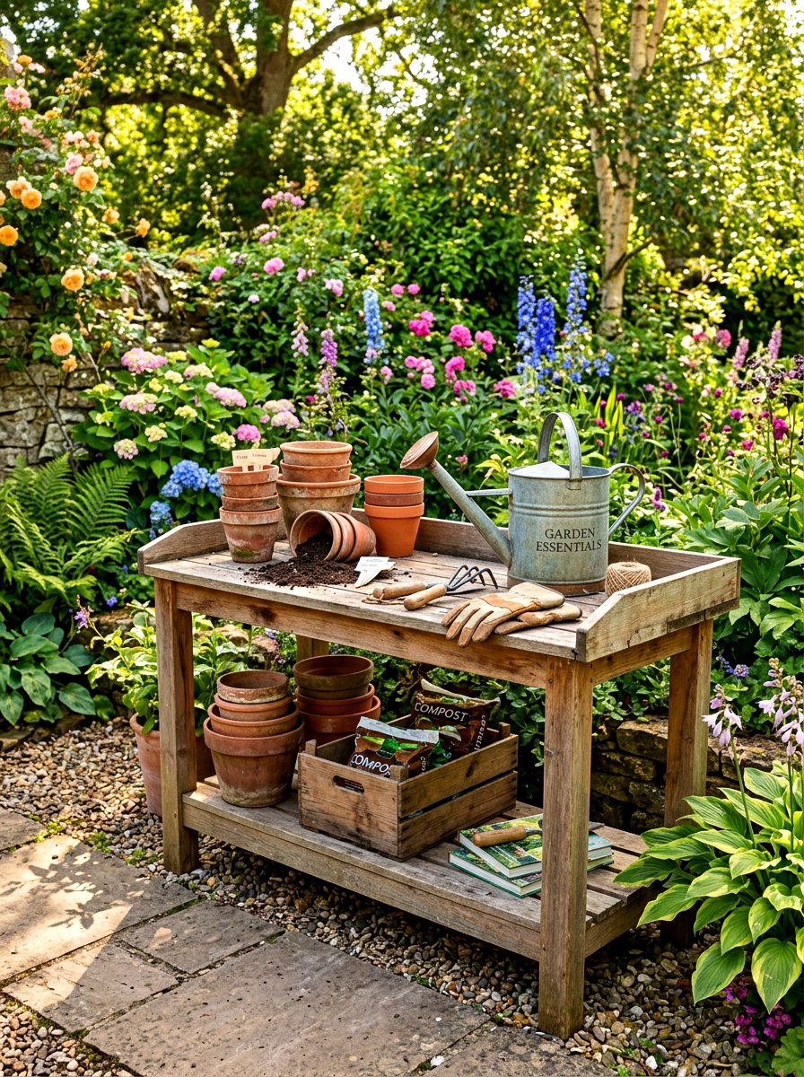 Rustic Wood Potting Bench - 30 outdoor potting station ideas