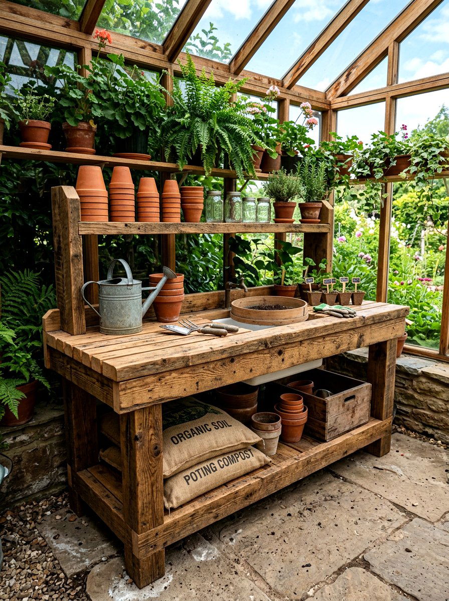 Rustic Wood Potting Bench - 30 greenhouse potting area ideas