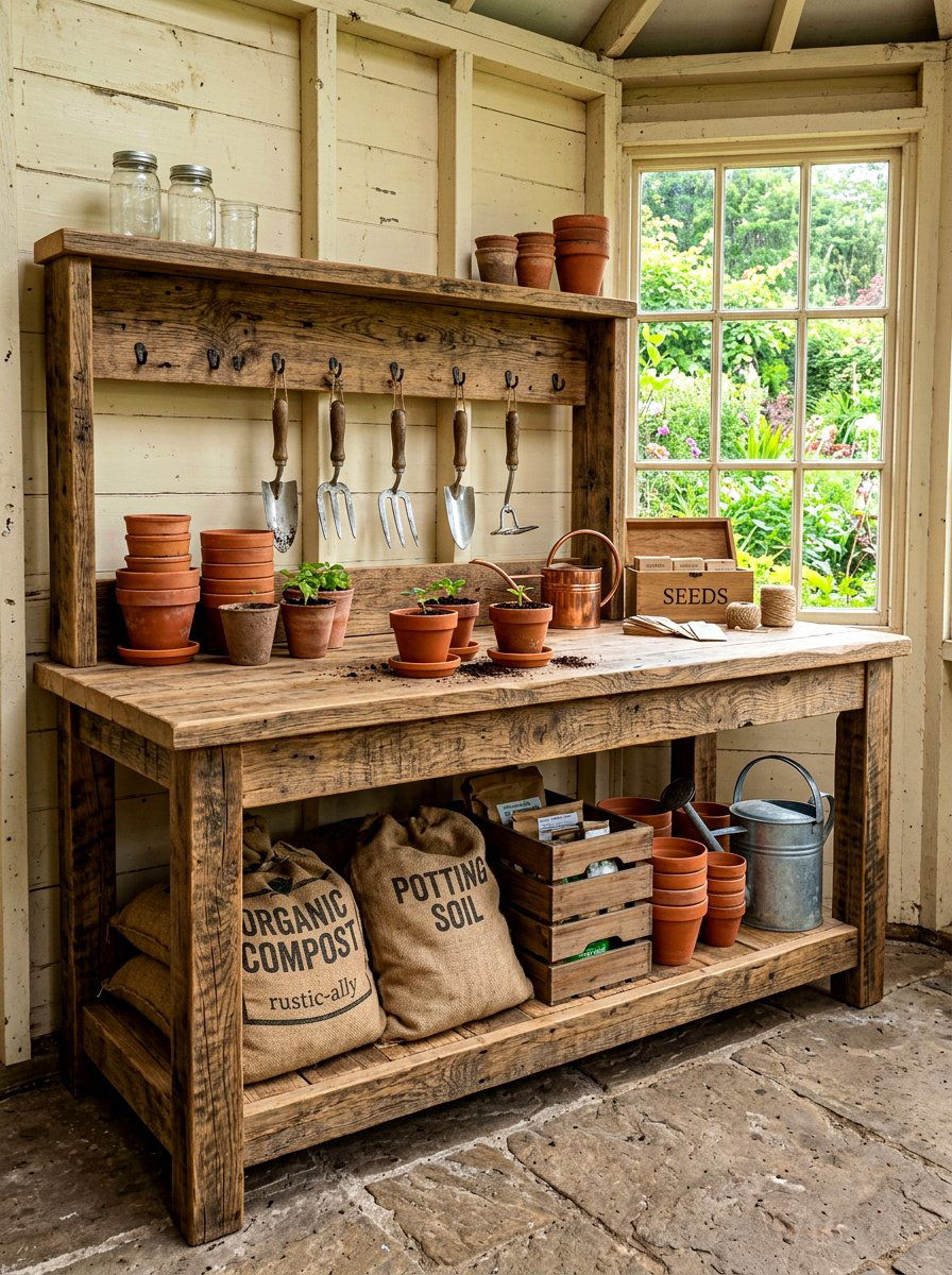 Rustic Wood Potting Benches - 30 potting shed decor ideas