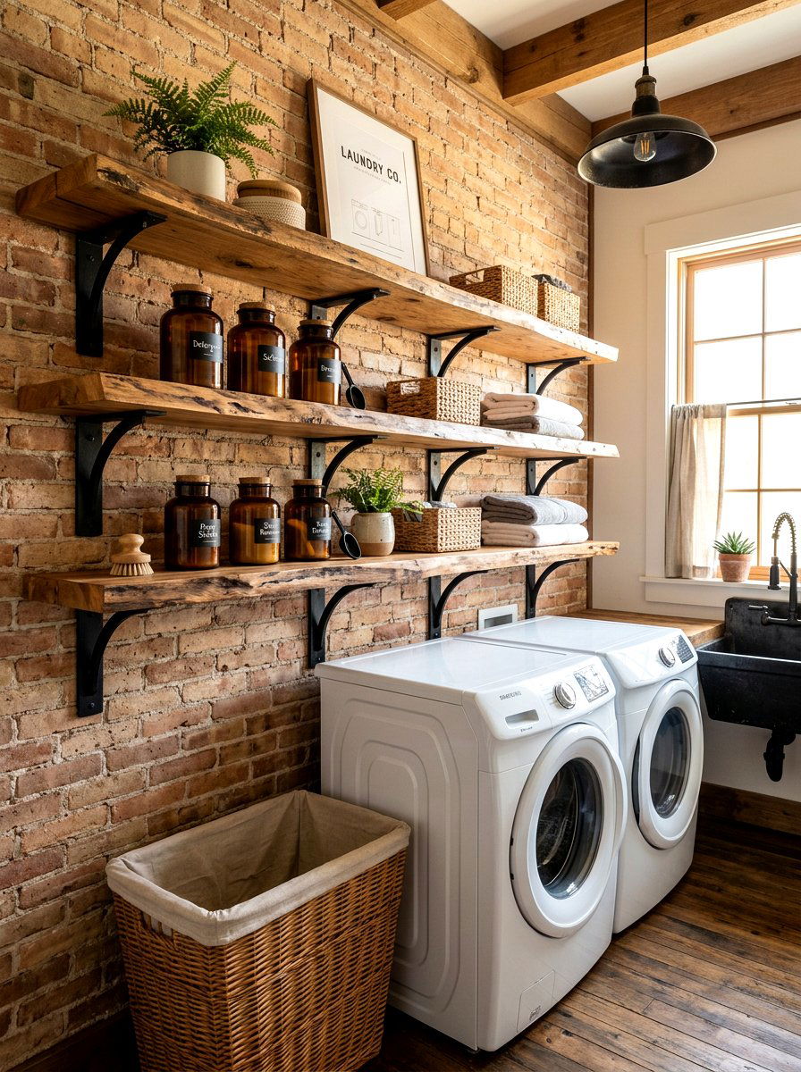 Rustic Wood Shelving Laundry Area - 30 side by side laundry ideas