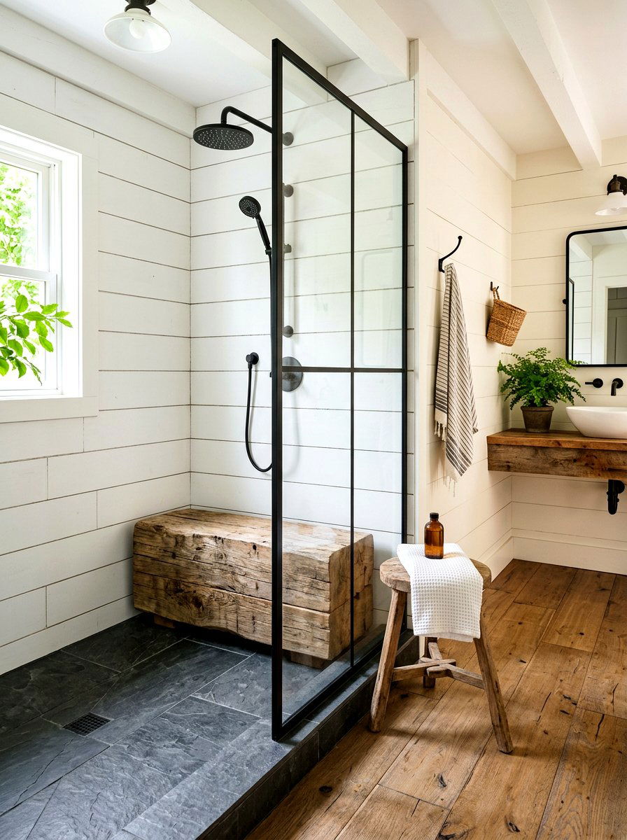 Rustic Wood Shower Bench - 30 shower bench styling ideas