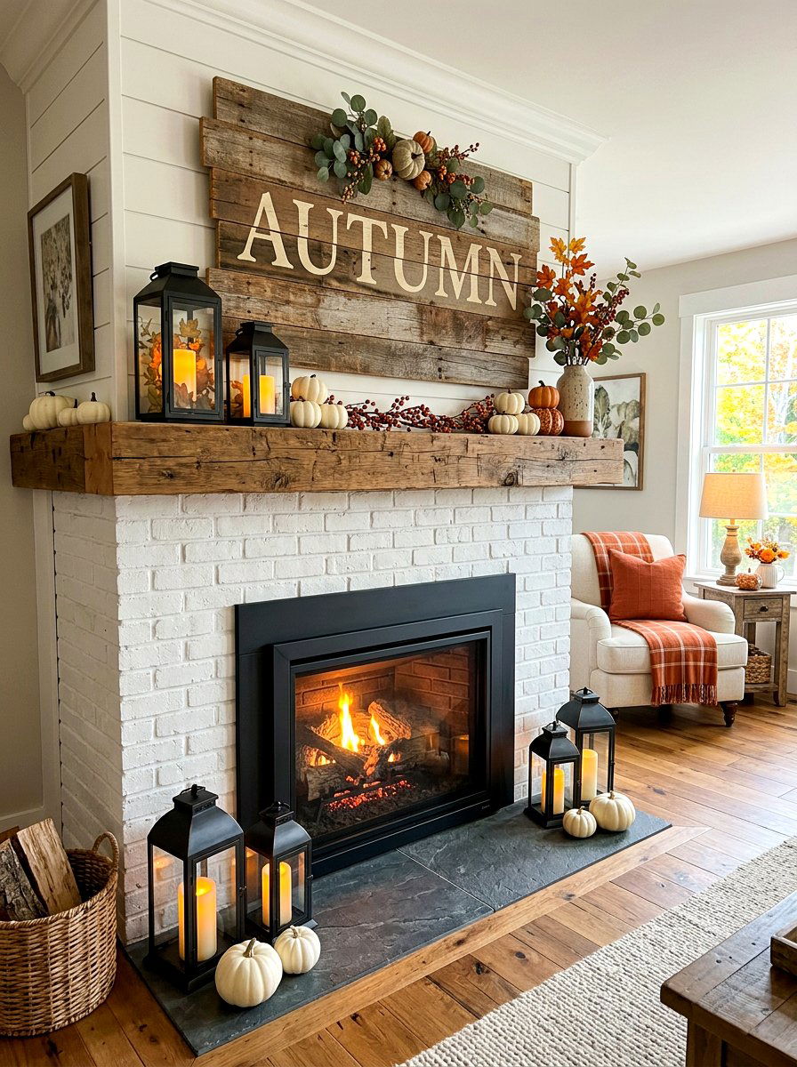 Rustic Wood Sign Display - 30 fall mantel layering ideas