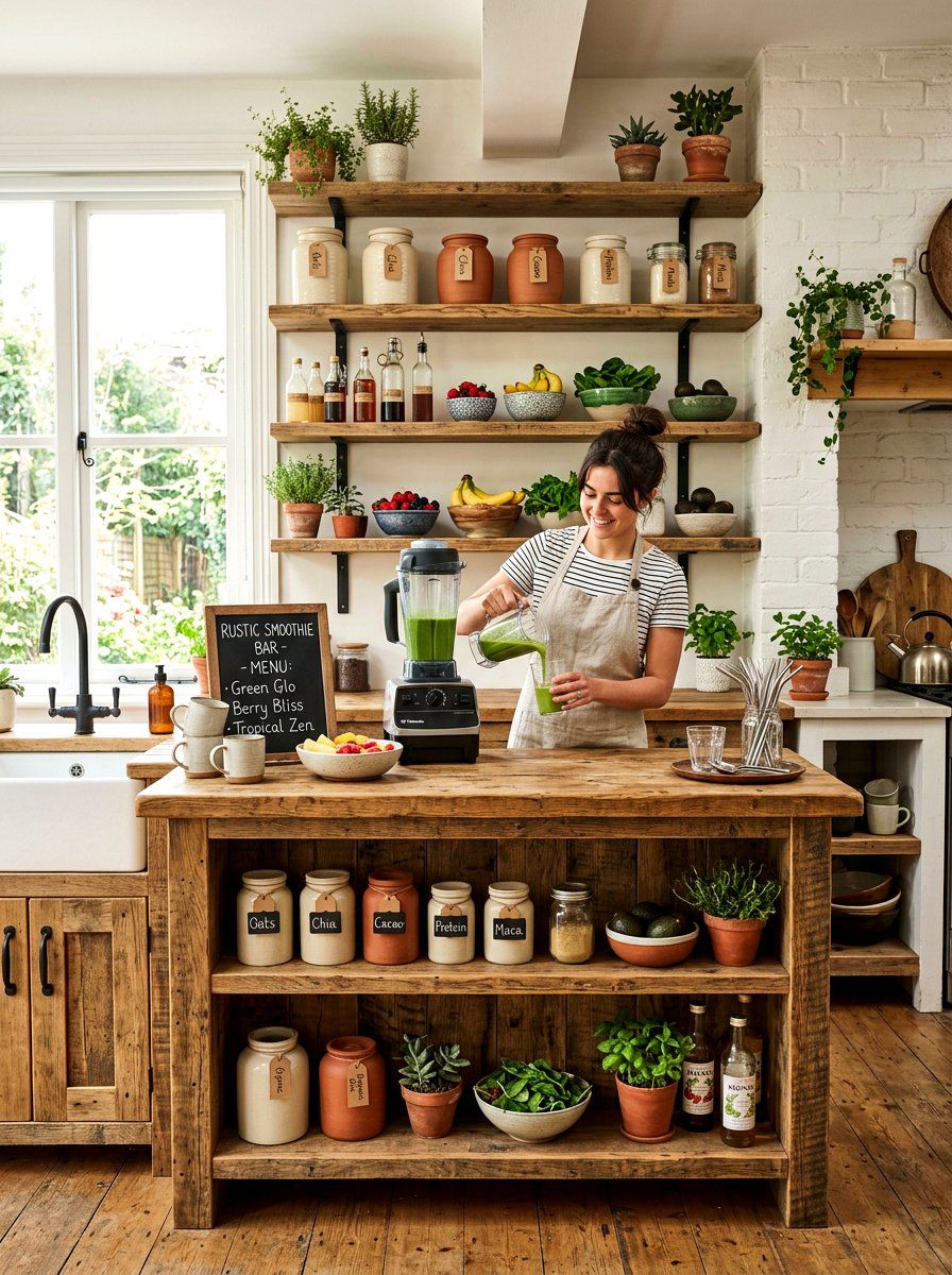 Rustic Wood Smoothie Bar - 30 smoothie nook kitchen ideas