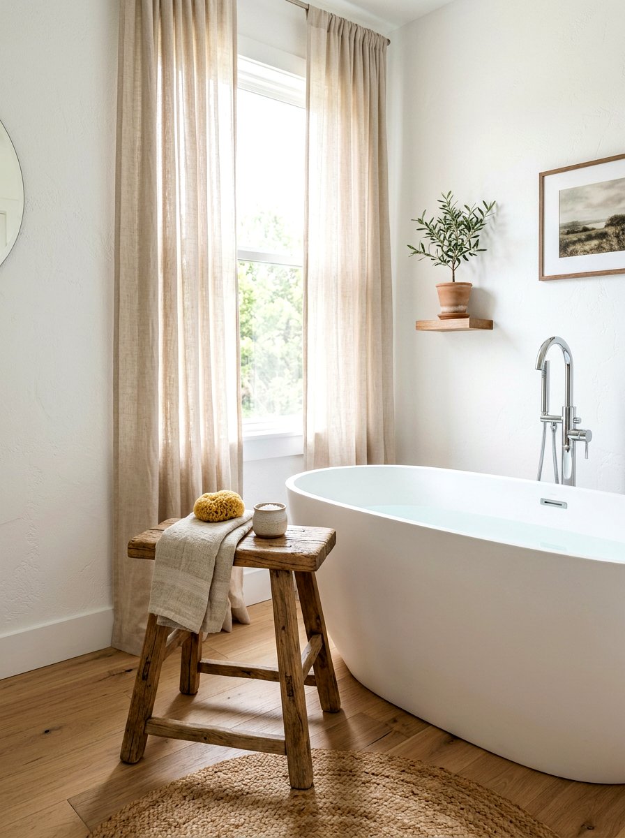 Rustic Wood Stool - 30 winter bathroom styling ideas