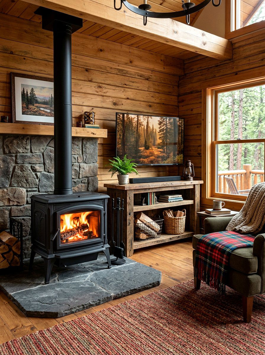 Rustic Wood Stove And TV Corner - 30 fireplace and TV layout ideas