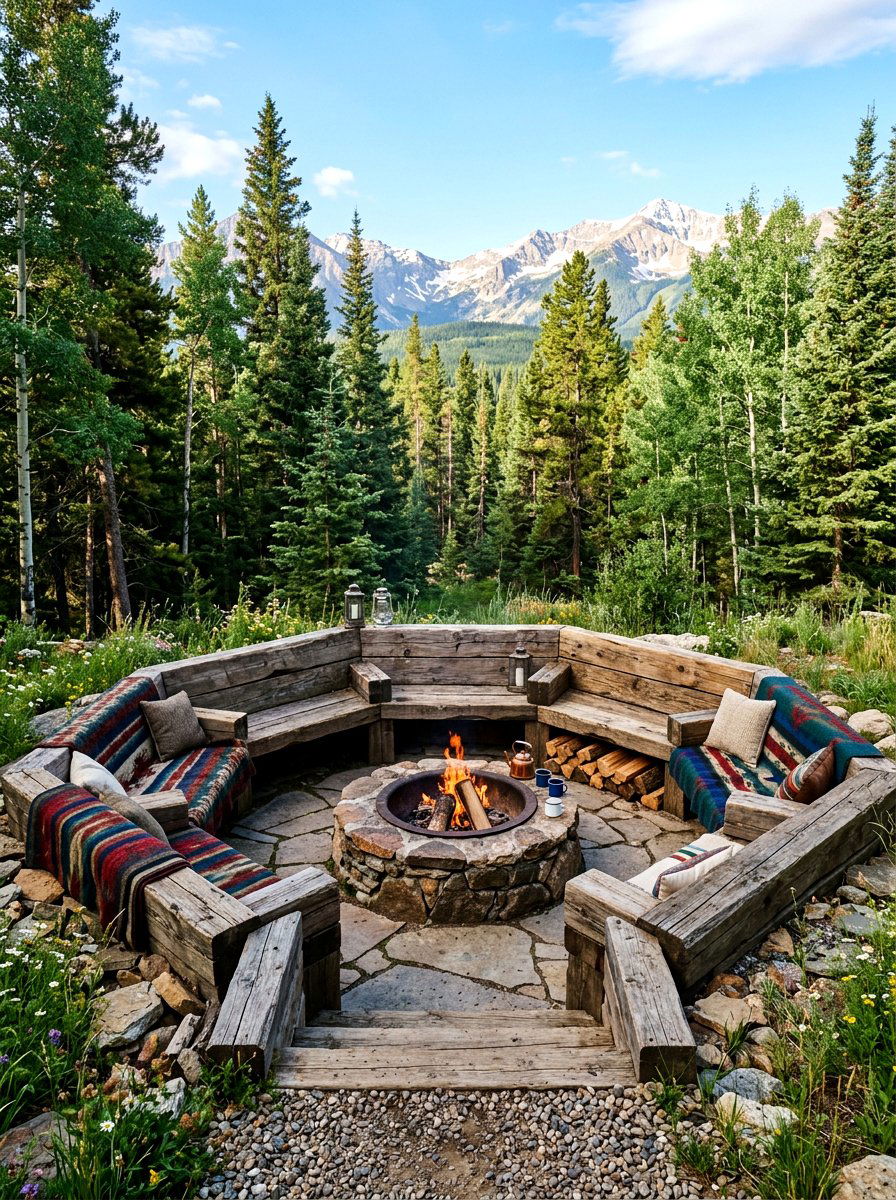 Rustic Wood Sunken Lounge - 30 conversation pit backyard ideas