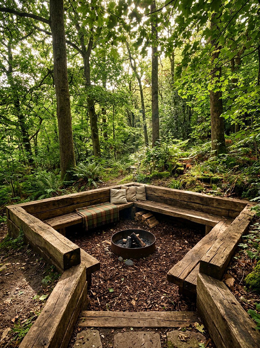 Rustic Wood Sunken Seating - 30 conversation pit patio ideas