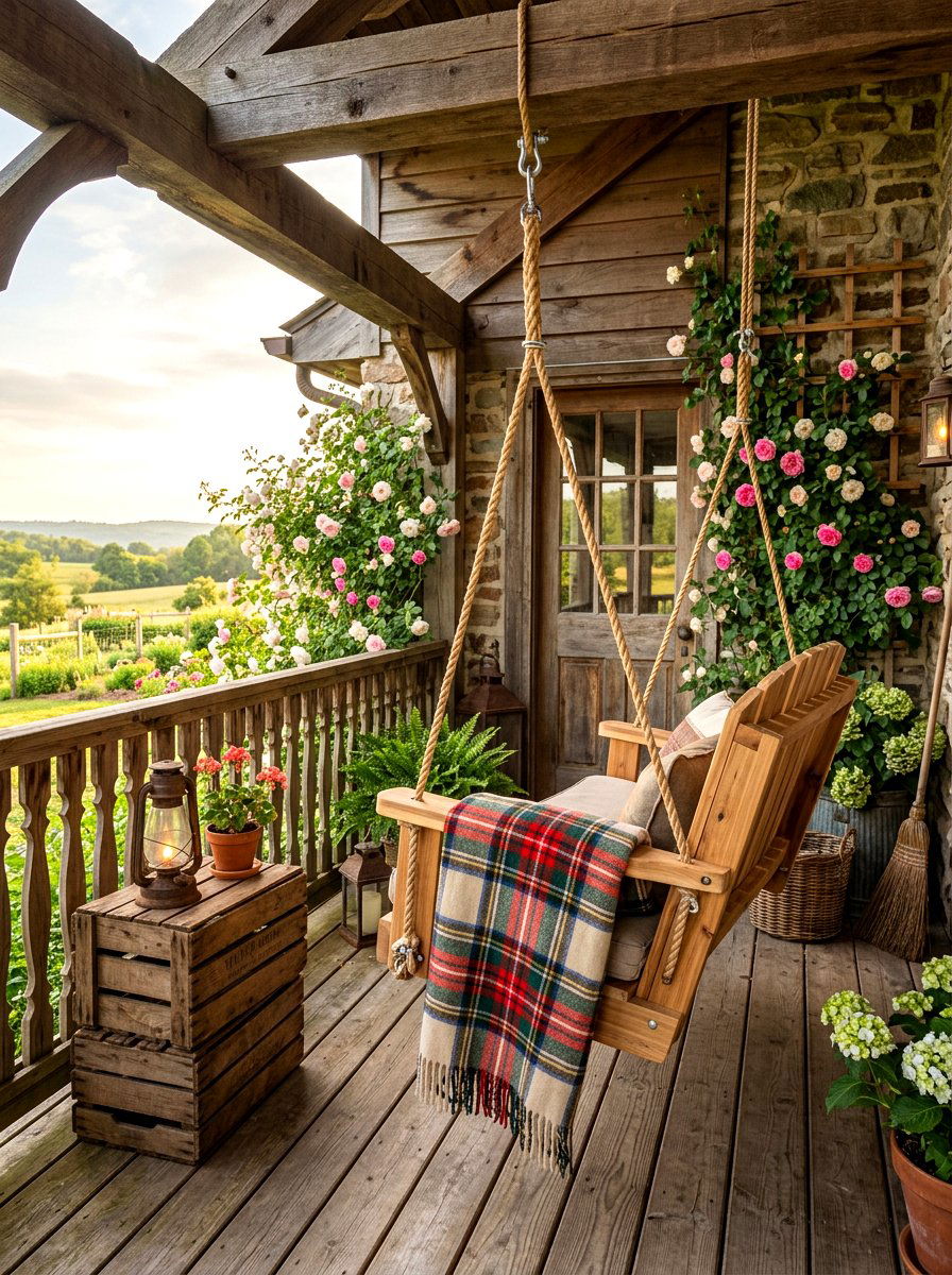 Rustic Wood Swing Porch - 30 hanging chair patio ideas