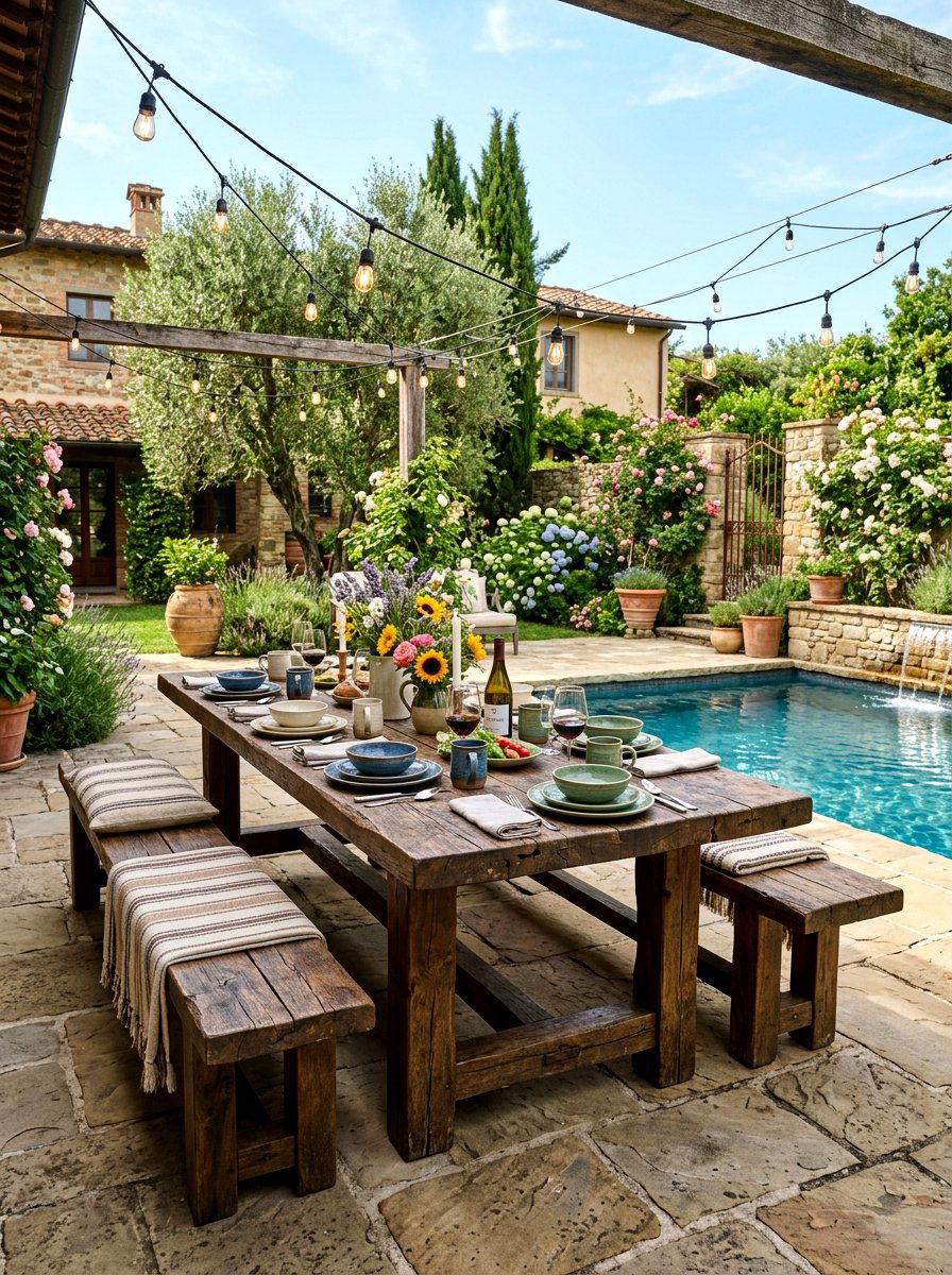 Rustic Wood Table - 30 poolside dining ideas