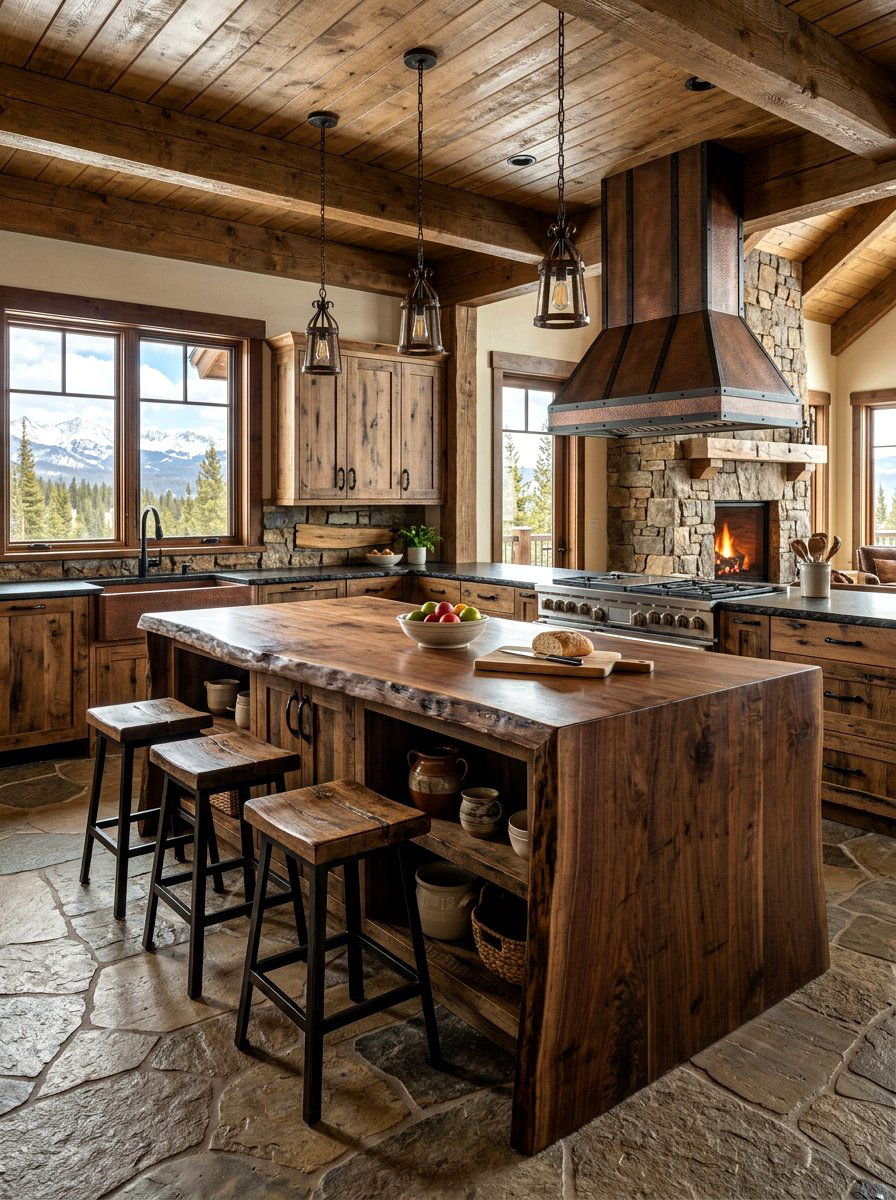 Rustic Wood Waterfall Island - 30 waterfall countertop ideas