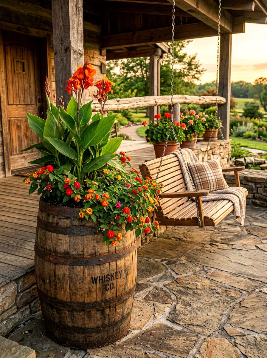 Rustic Wooden Barrel Flowers - 30 porch planter arrangement ideas for summer
