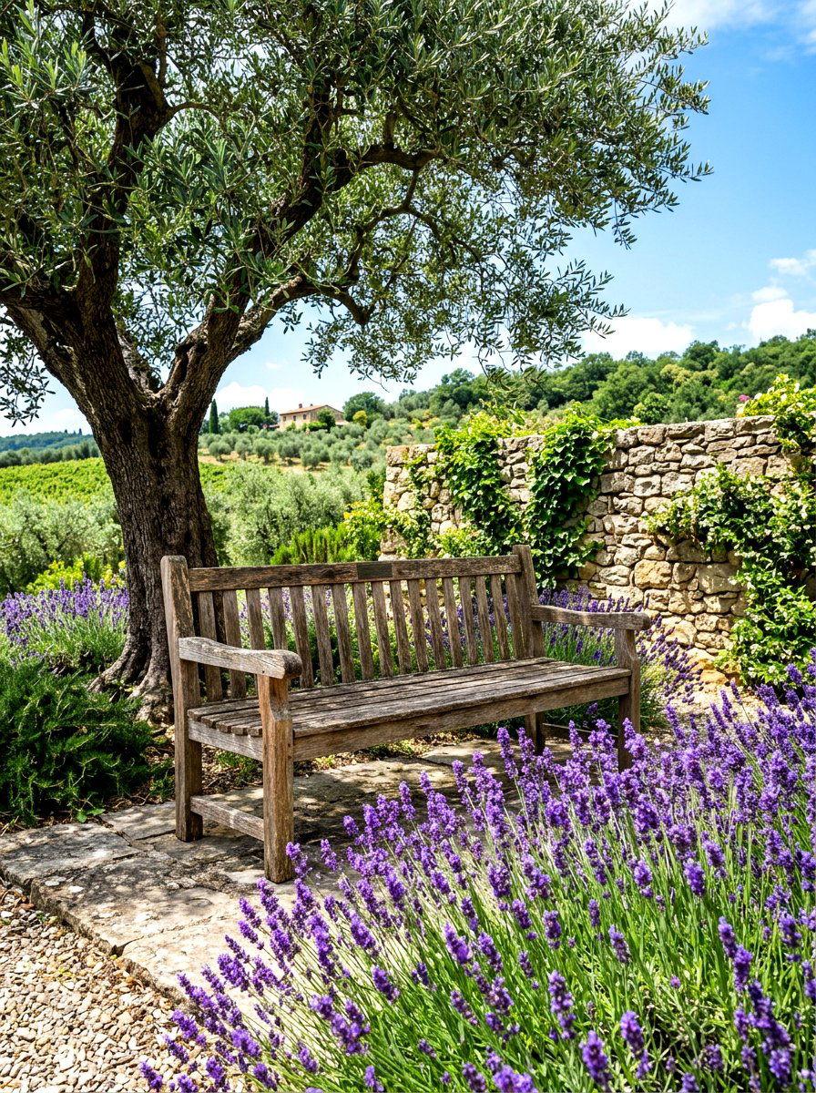 Rustic Wooden Bench - 30 Tuscan courtyard ideas