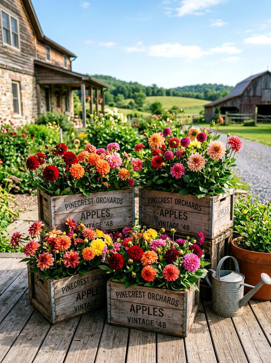 Rustic Wooden Crate Dahlia Display - 30 dahlia garden ideas