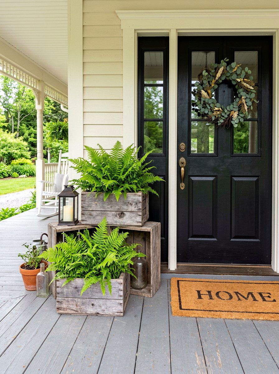 Rustic Wooden Crate Display - 30 porch ferns ideas
