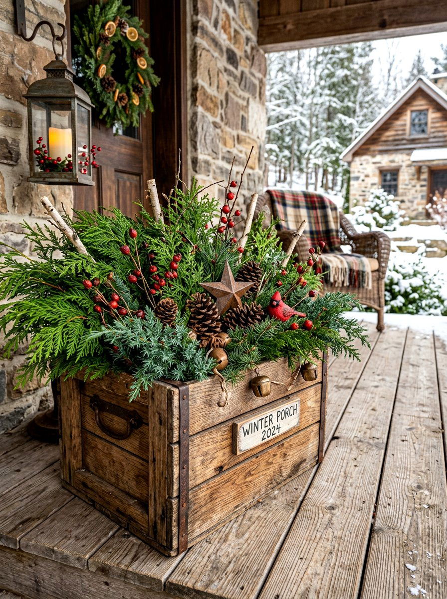 Rustic Wooden Crate Evergreens - 30 winter porch planter ideas