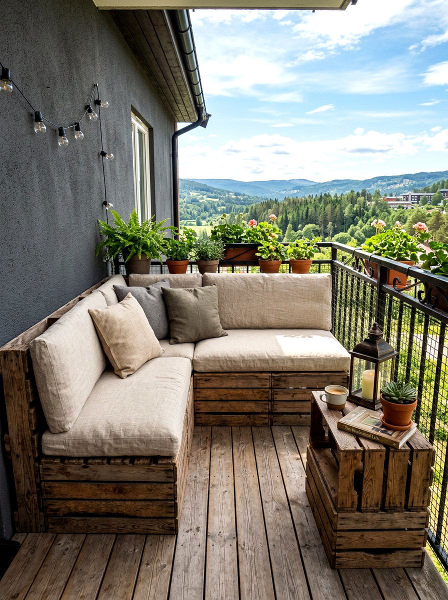 Rustic Wooden Crate Seating - 30 balcony seating nook ideas