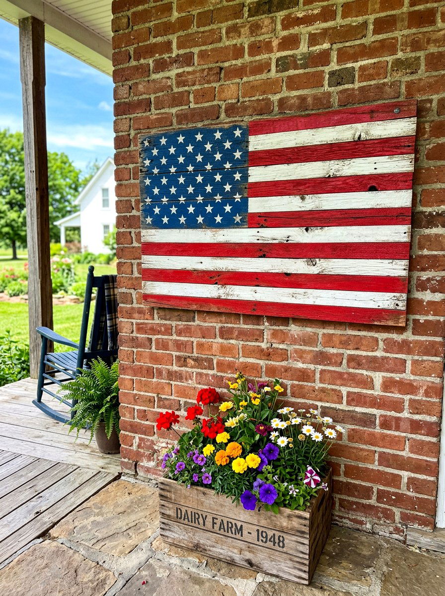 Rustic Wooden Pallet Flag - 30 patriotic porch ideas