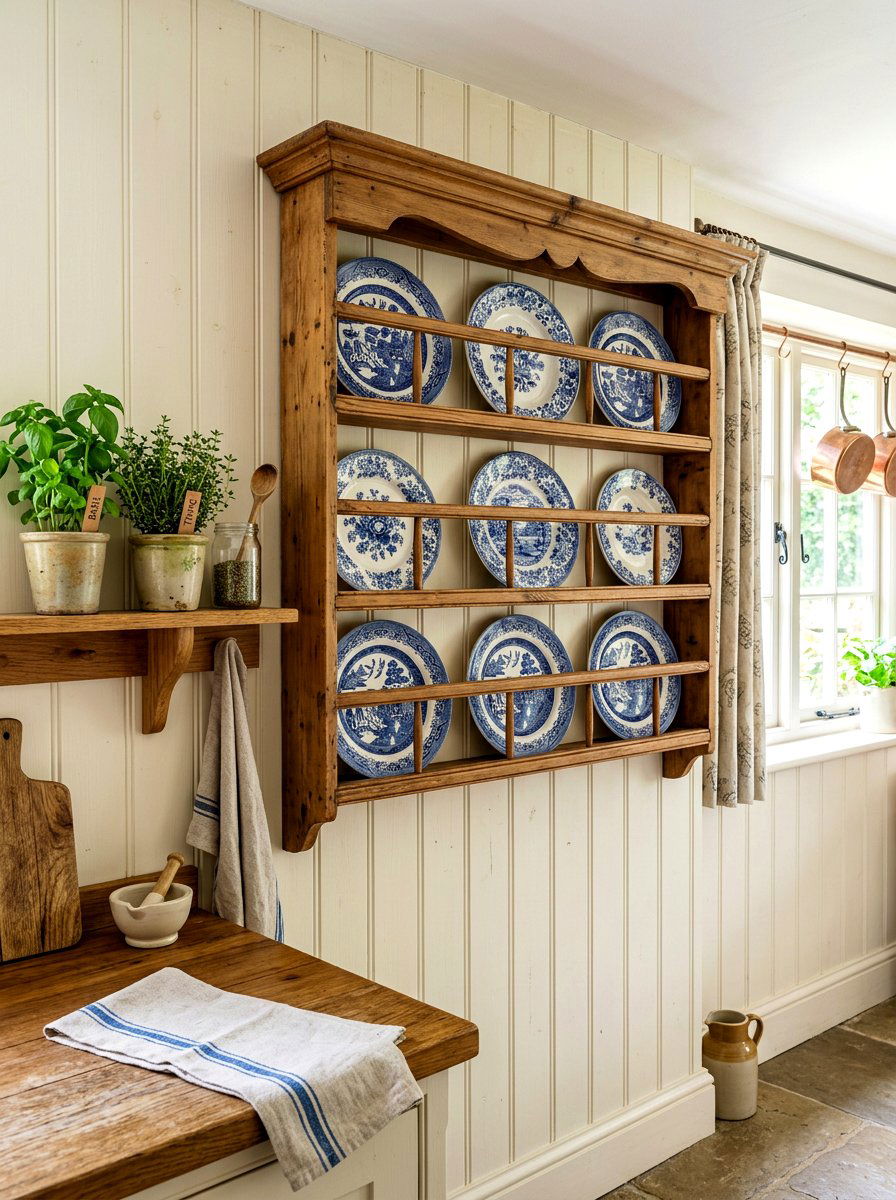 Rustic Wooden Plate Rack - 30 English cottage kitchen ideas