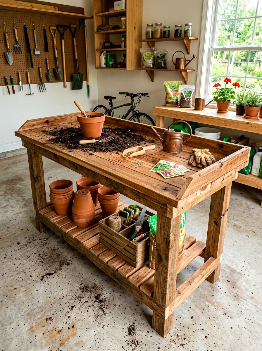 Rustic Wooden Potting Table - 30 garage gardening station ideas