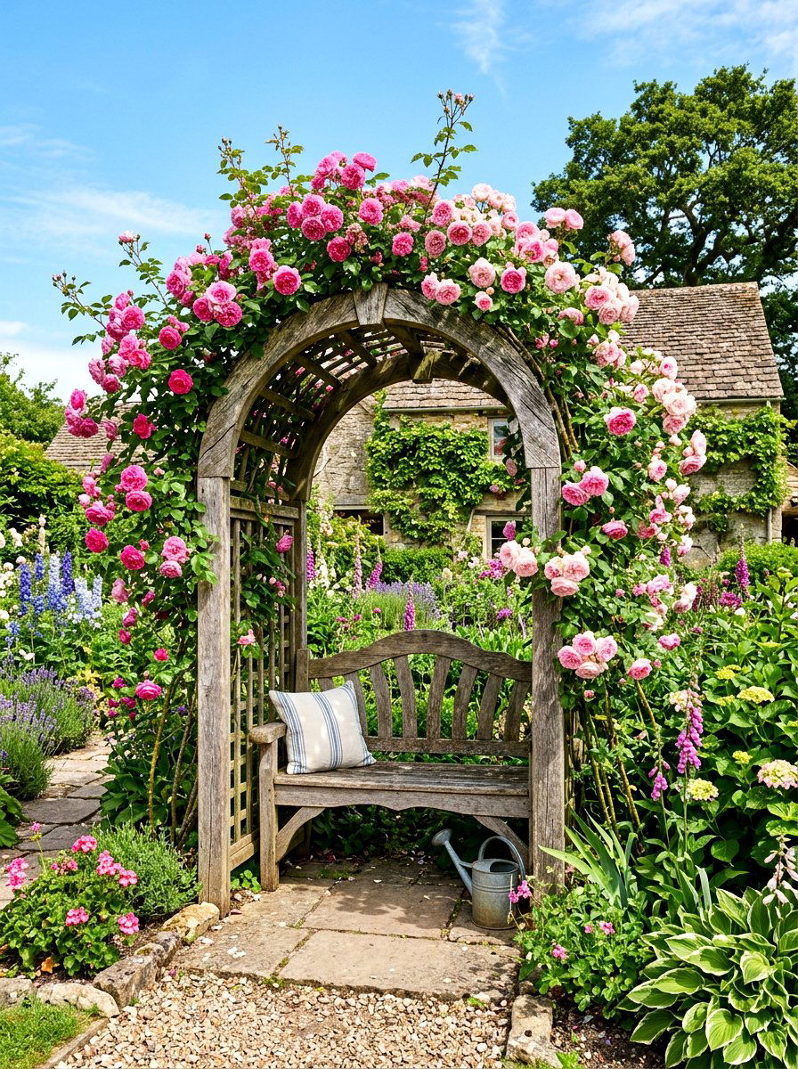 Rustic Wooden Rose Arbor - 30 climbing archway ideas