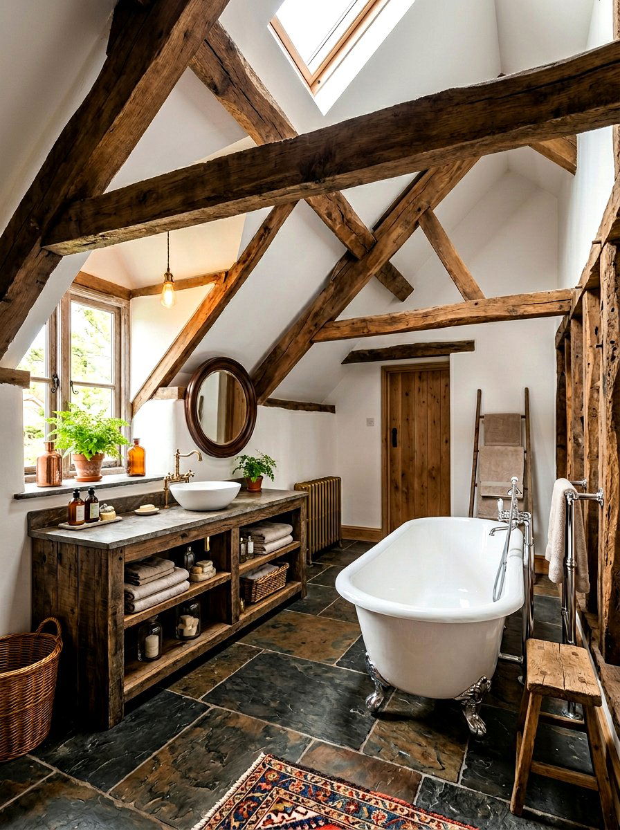 Rustic attic bathroom with wood beams - 30 attic bathroom ideas