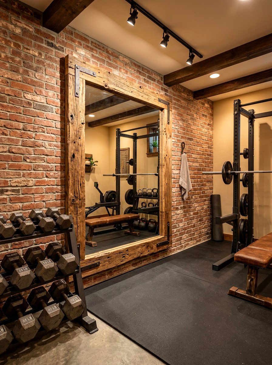 Rustic barn wood mirror - 30 workout room mirror ideas