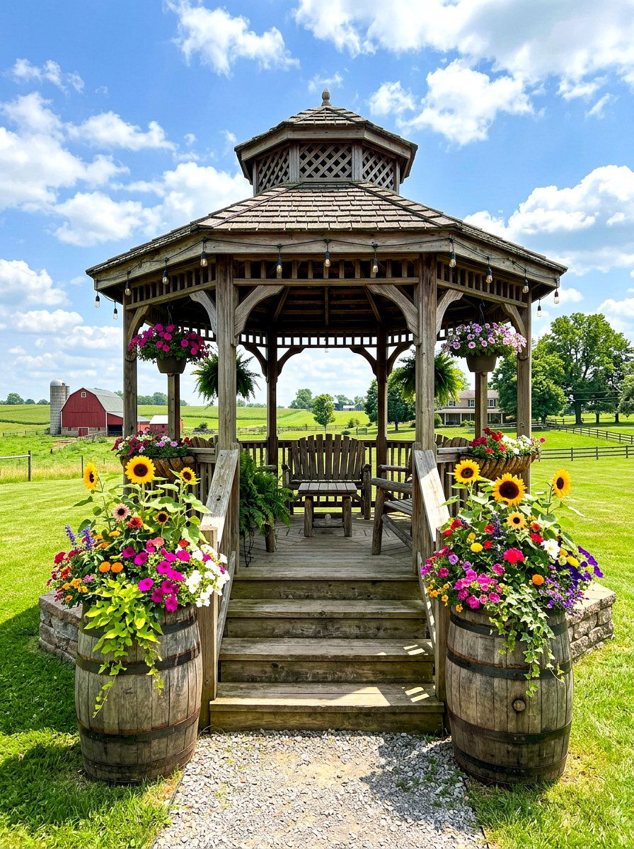 Rustic barrel gazebo planters - 30 gazebo planter ideas