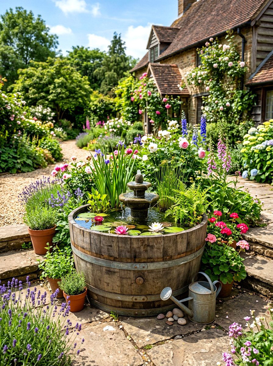 Rustic barrel pond - 30 pond landscaping ideas