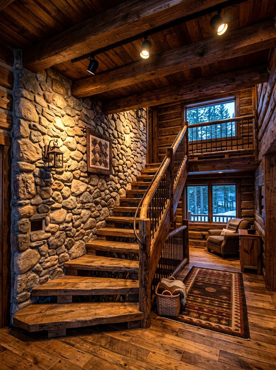 Rustic beam mounted spotlights - 30 statement staircase lighting ideas