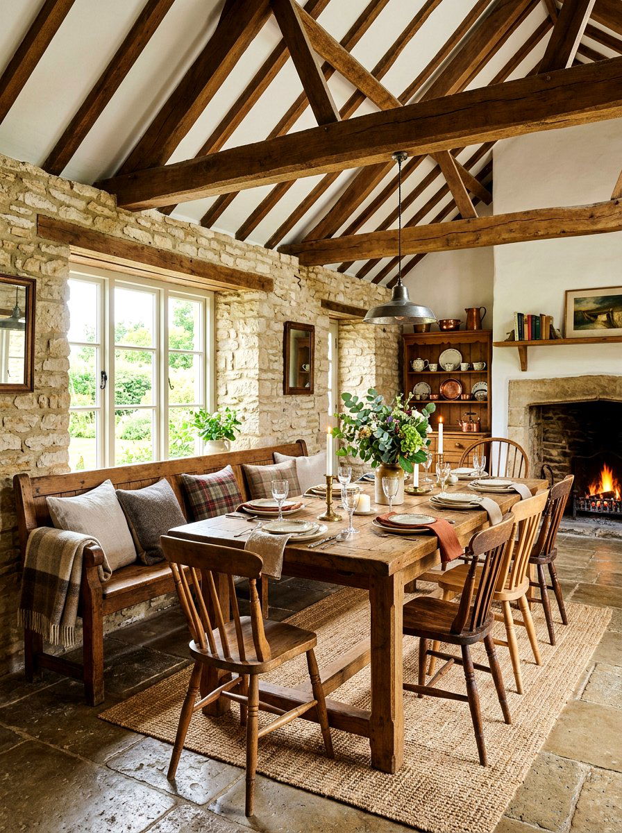 Rustic bench and chairs - 30 mismatched dining chair ideas