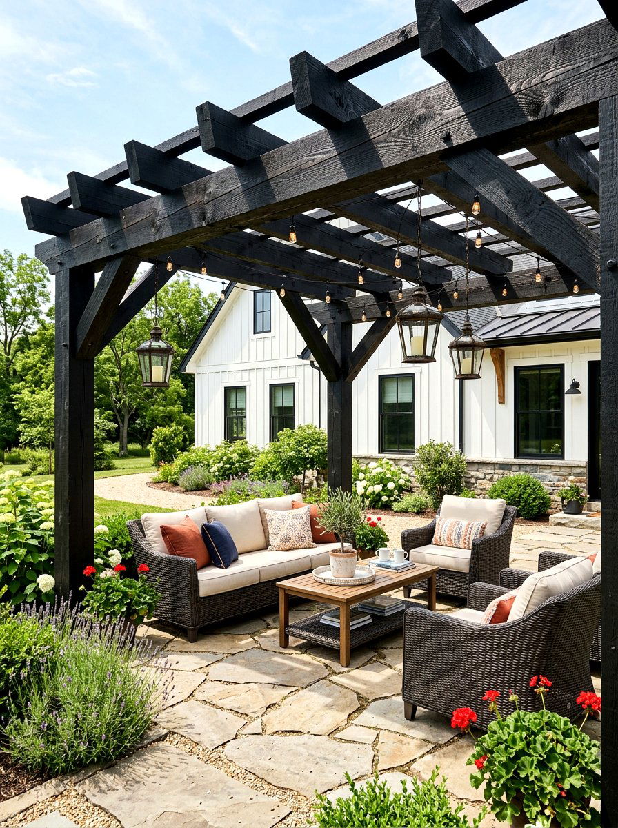 Rustic black stained wood pergola - 30 black pergola ideas
