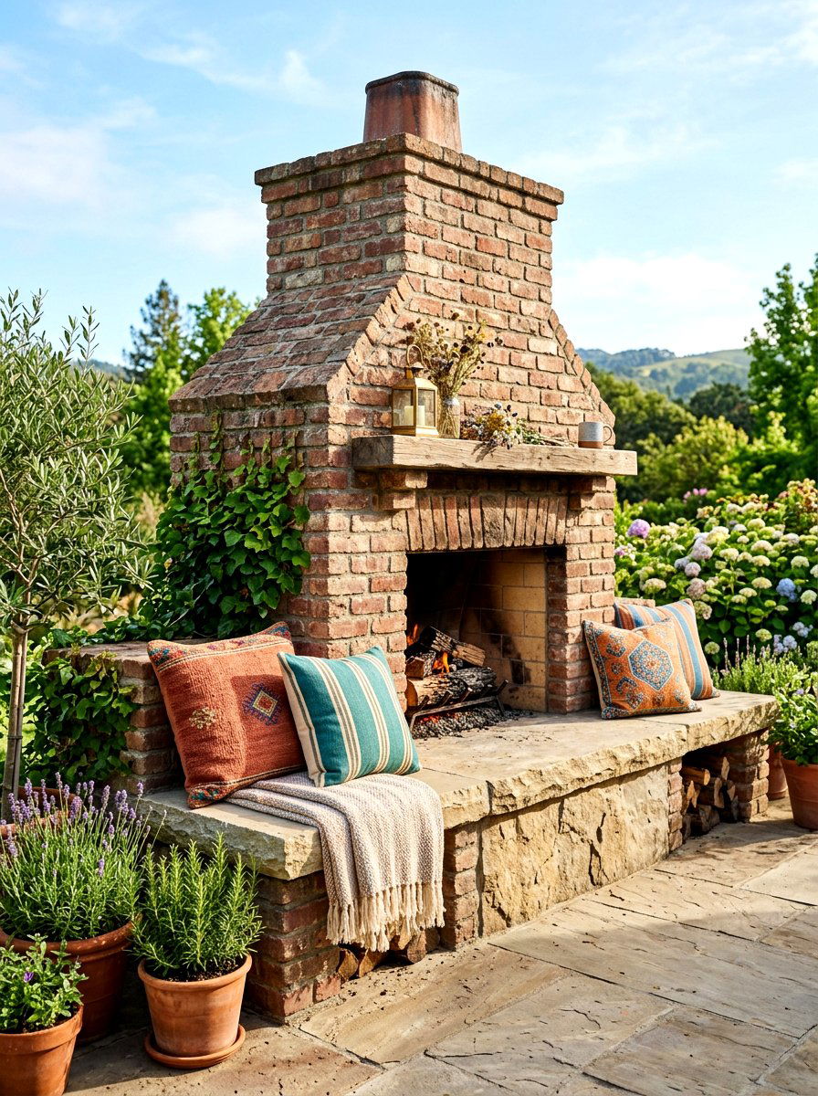 Rustic brick fireplace limestone hearth - 30 brick outdoor fireplace ideas