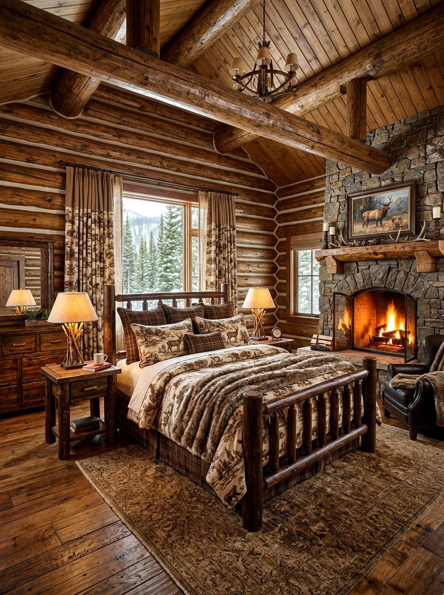Rustic brown toile lodge style - 30 toile bedroom ideas