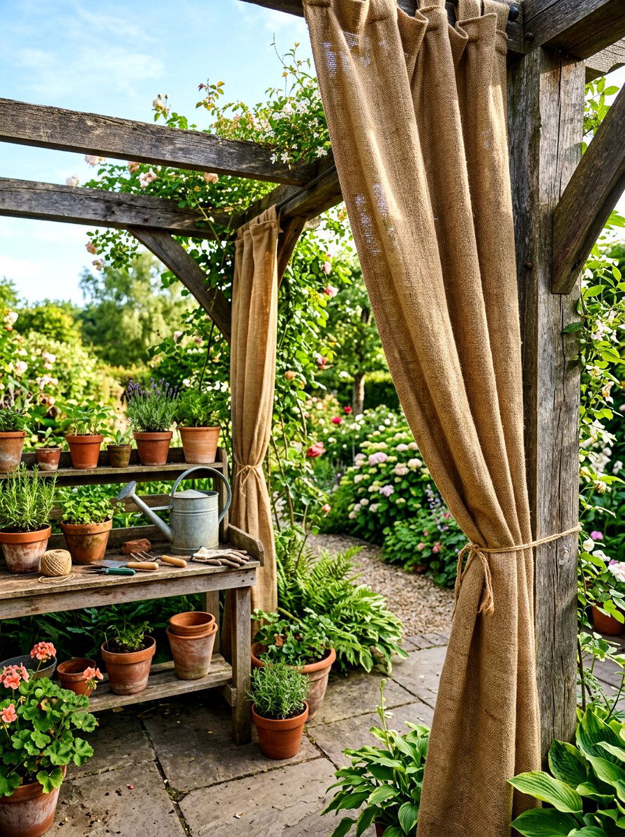 Rustic burlap pergola corner - 30 pergola privacy curtain ideas