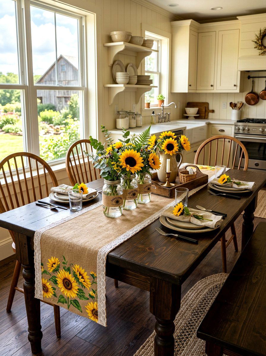 Rustic burlap sunflower table runner - 30 floral table runner ideas