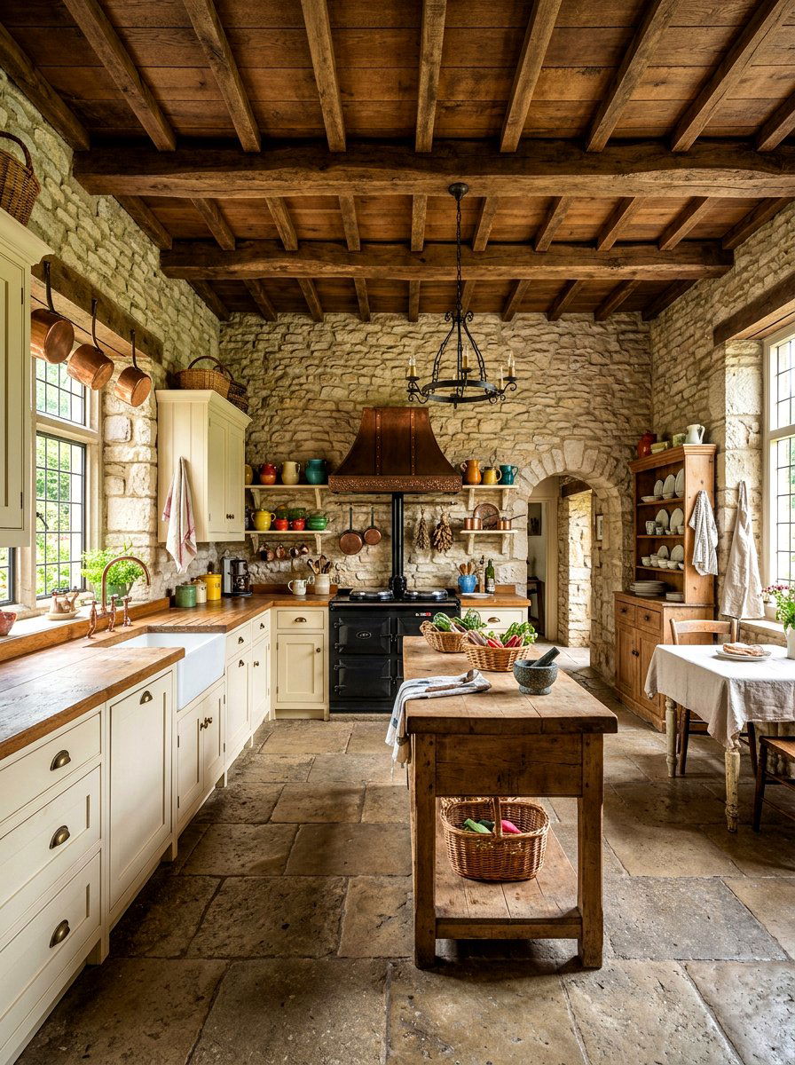 Rustic buttercream kitchen stone walls - 30 buttercream kitchen ideas