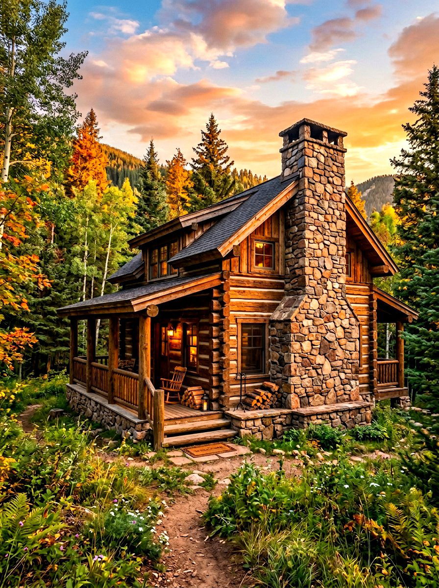 Rustic cabin with stone chimney - 30 cabin exterior ideas