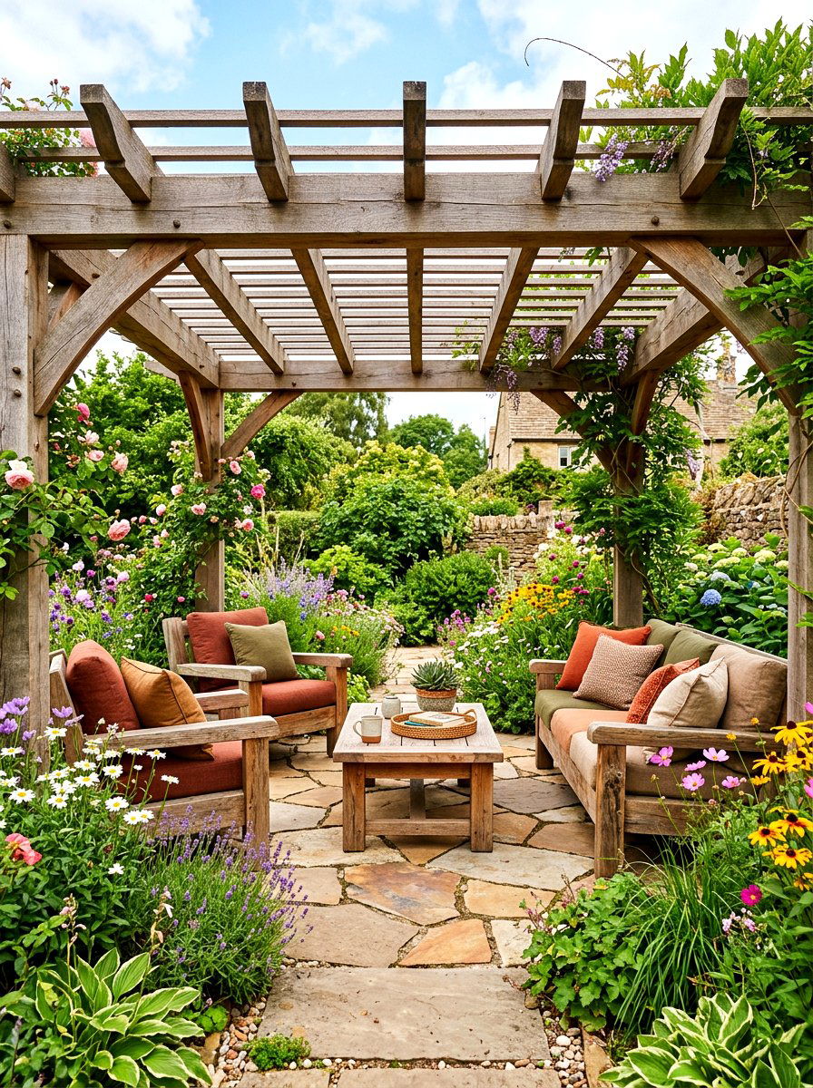 Rustic cedar wood pergola - 30 pergola lounge patio ideas