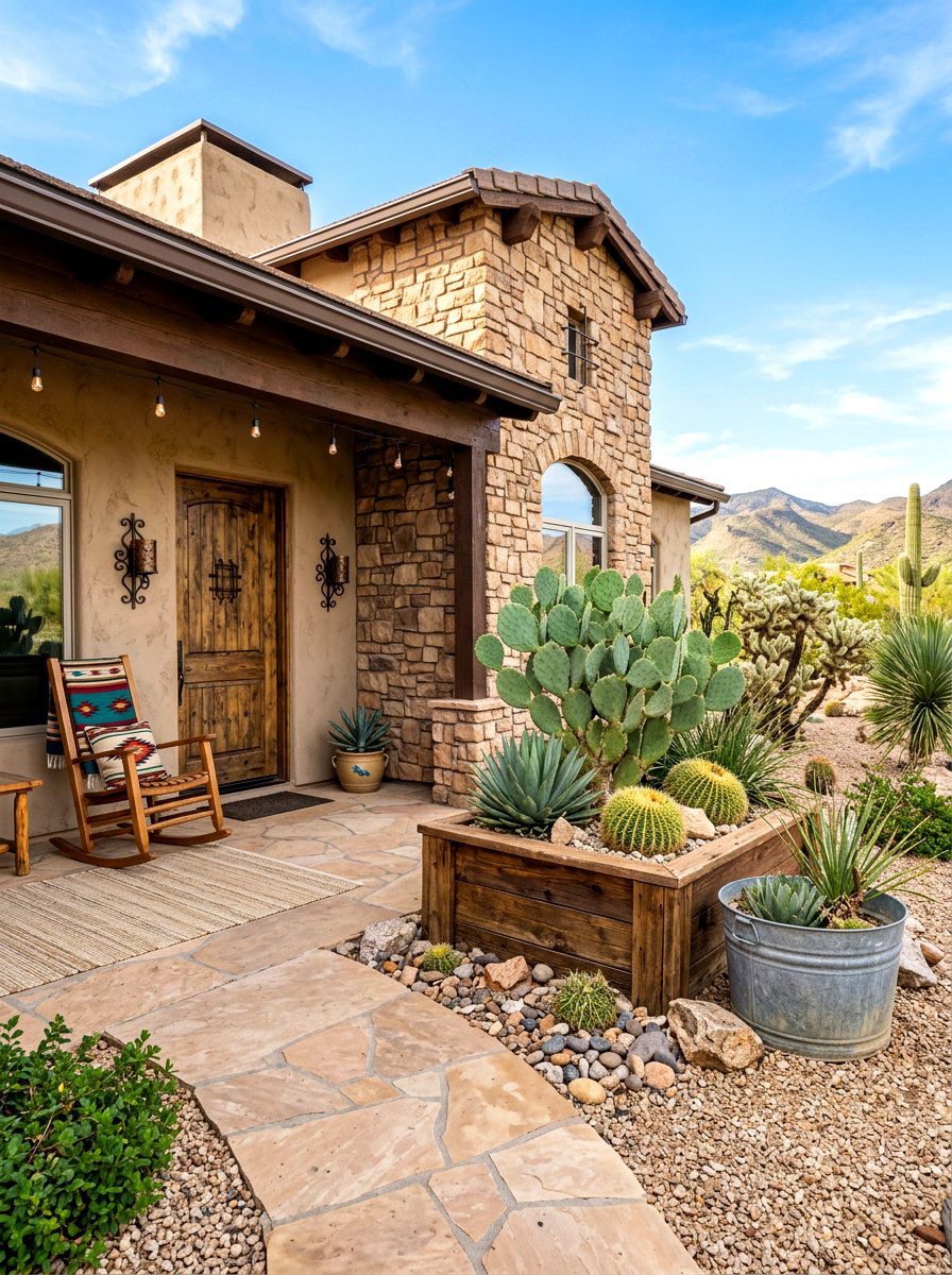 Rustic desert porch planter - 30 cactus decor ideas