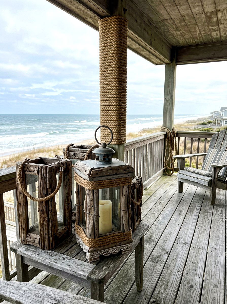 Rustic driftwood lanterns beach style - 30 candle lantern patio styling ideas