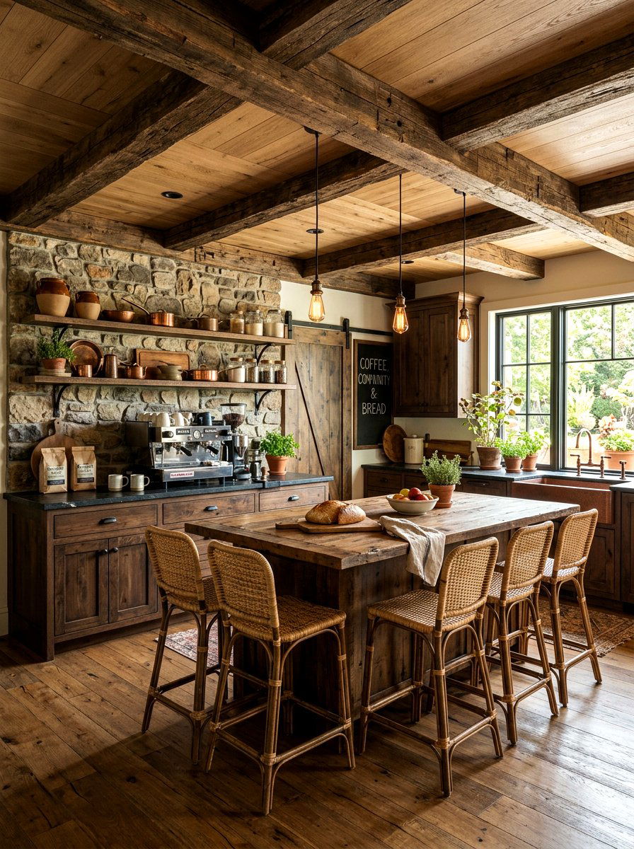 Rustic espresso kitchen with wood beams - 30 espresso kitchen ideas