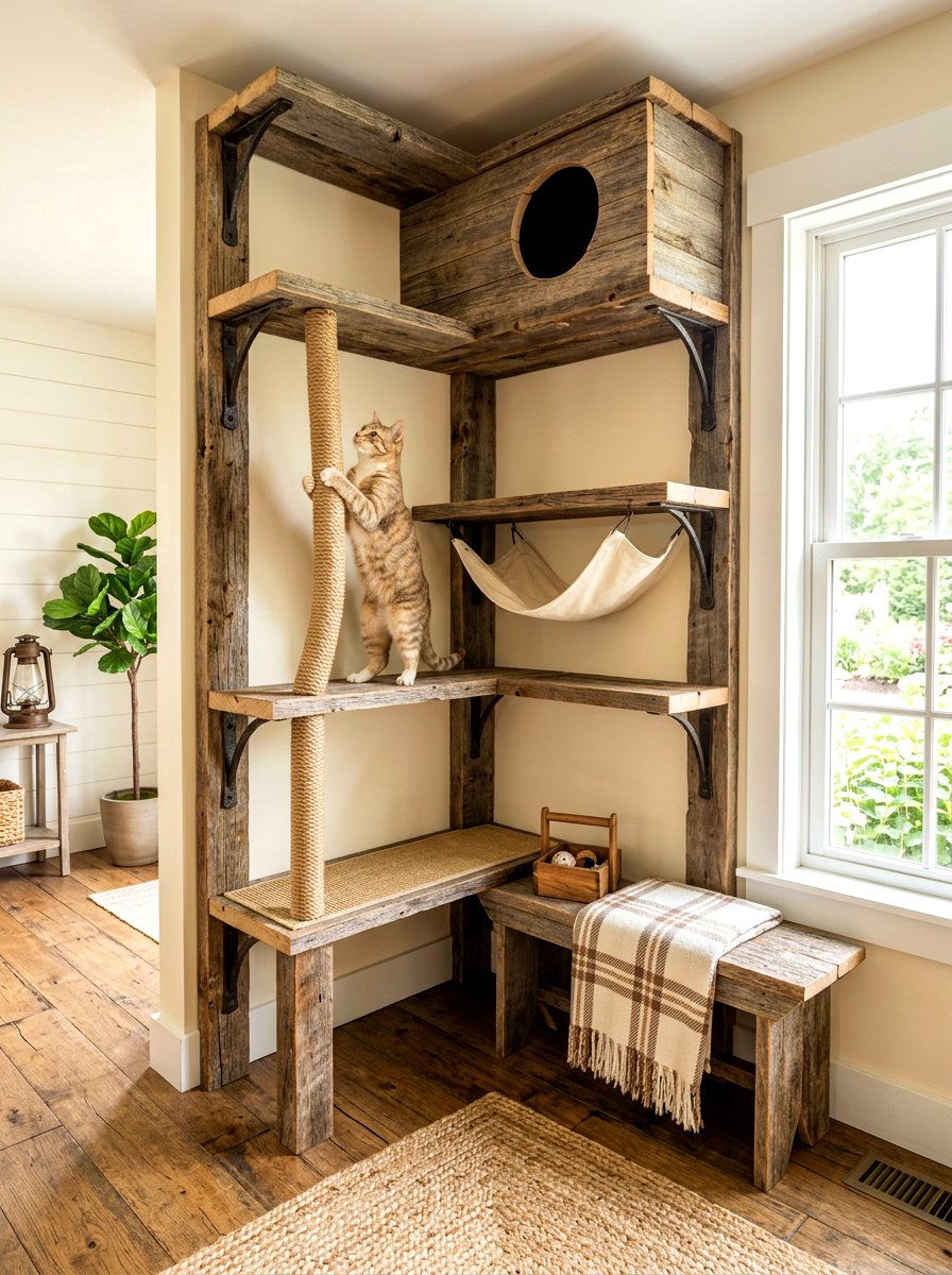 Rustic farmhouse cat climbing corner - 30 cat climbing corner ideas