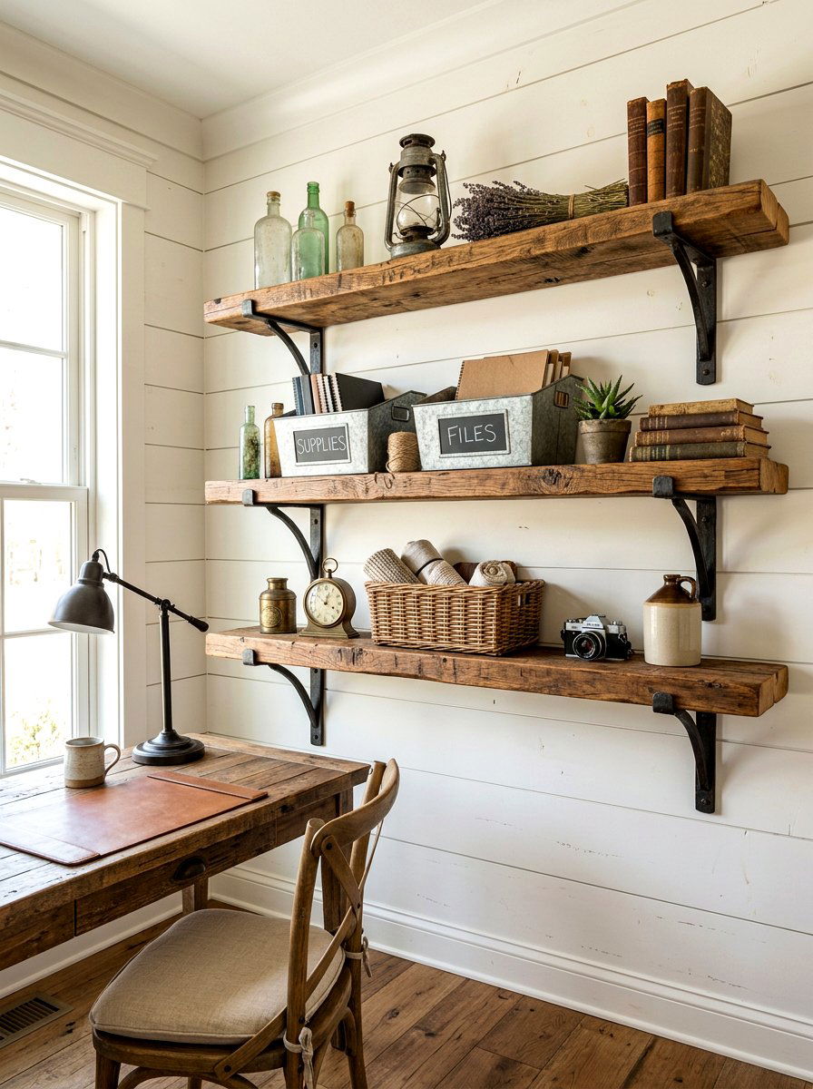 Rustic farmhouse office shelves - 30 home office shelf ideas