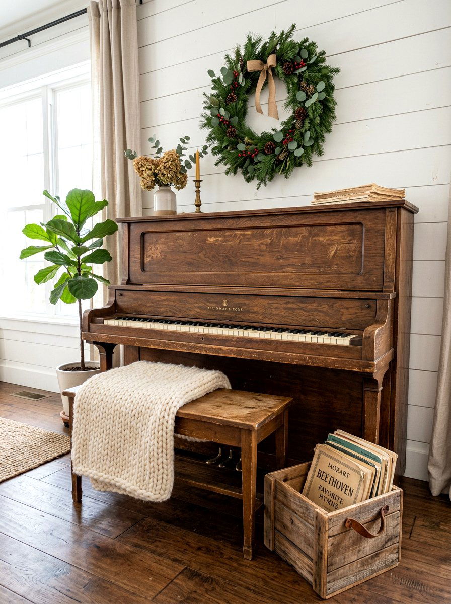Rustic farmhouse piano decor - 30 piano living room ideas