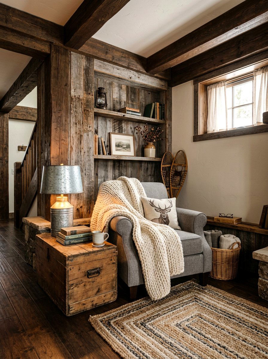 Rustic farmhouse reading area - 30 basement reading nook ideas